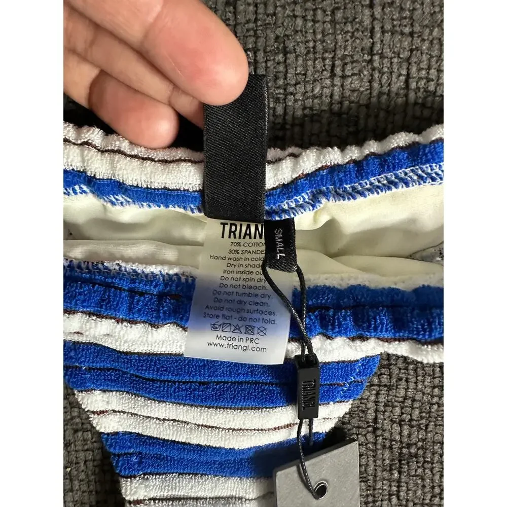 Triangl Terry Cloth Thong Bikini Bottom Blue White Stripe Swim Size S NWT